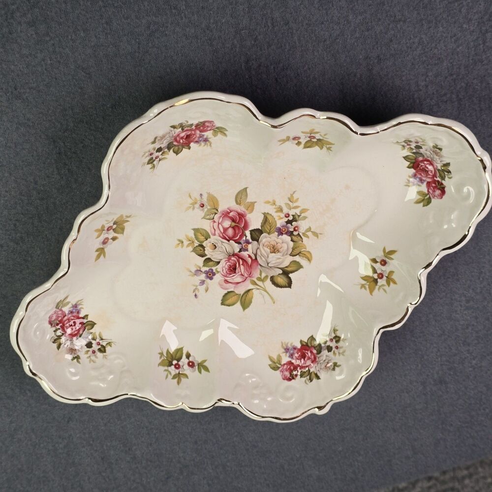 Vintage James Kent Old Foley Scalloped Porcelain Dish Pink Roses Gold Trim - Picture 2 of 12